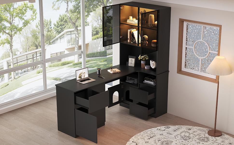 Corner desk with shelf and LED display cabinet 120×80×180 cm - desk with cable grommet, 3 drawers, 2 doors, open compartments