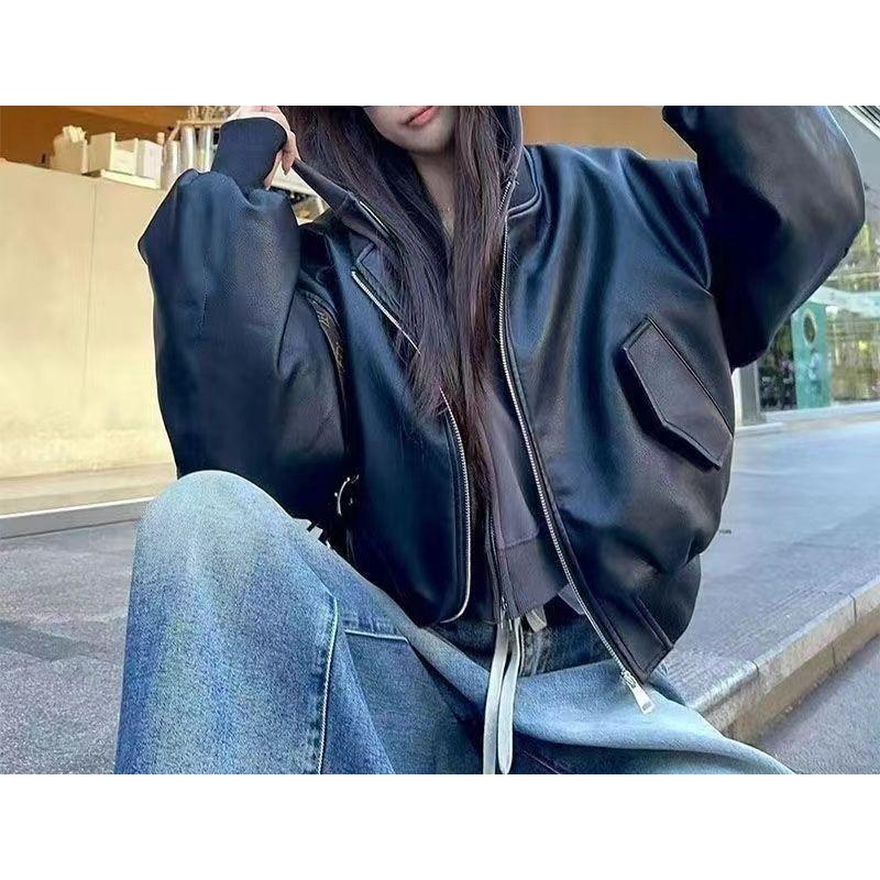 Women S Black Short Long Sleeve Baseball Faux Leather Jacket