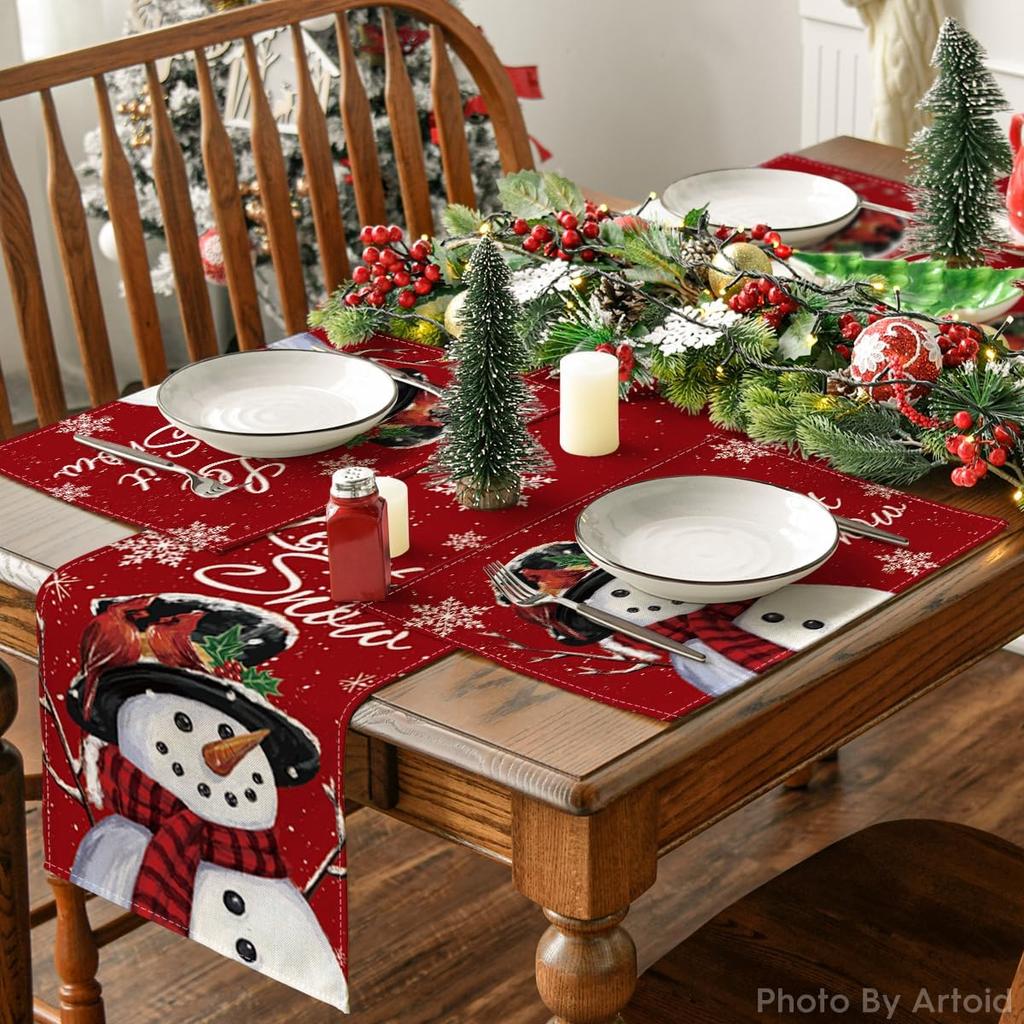 Red Snowman Let It Snow Winter Placemats Set of 4, 12x18 Inch Seasonal Christmas Holiday Table Mats for Party Kitchen Dining Decoration