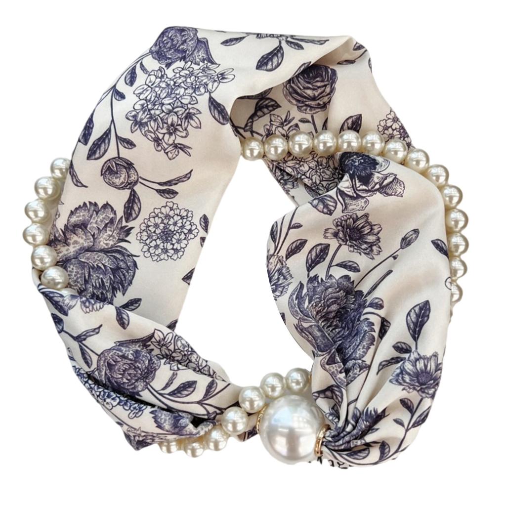 Magnetic Clasp Pearls Chain Necklace Floral Satins Scarf Elegant Silk Skinny Narrow Neckerchief for Fashionable Women