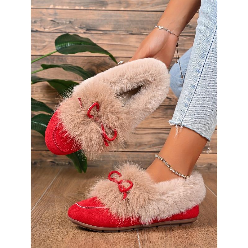 Women's Plush Slip-On Slippers with Bow - Winter Indoor/Outdoor House Shoes, Soft Cushioned TPR Sole & Plush, White/ Beige/ Brown/Dark Grey/Dark Blue