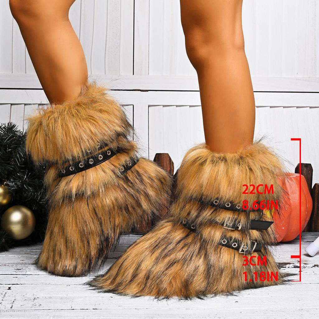 Fashion Faux Fur Boots Women Winter Snow Boots Luxury Fluffy Fuzzy Short Botas Warm Cozy Mid-Calf Botas Mujer Cross Belt Buckle PlusSize