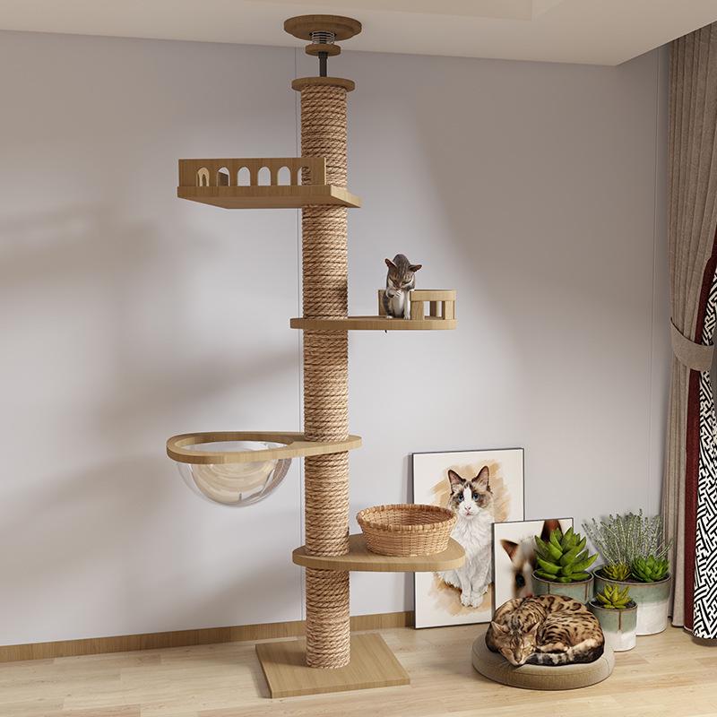 Space-Saving Solid Wood Cat Tree Tower: Climbing Frame, Bed, and Jumping Platform for Small Apartments