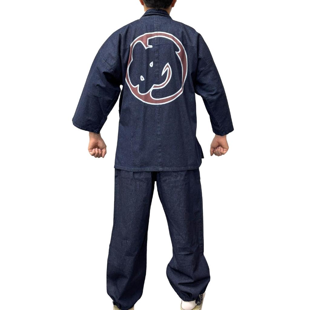 Edoten Samue (Work Clothes) - 100% Cotton Denim Fabric, Durable Yet Soft, Patterned, Year-Round, Men's, Firefighter Style, Navy Blue, Size 3L