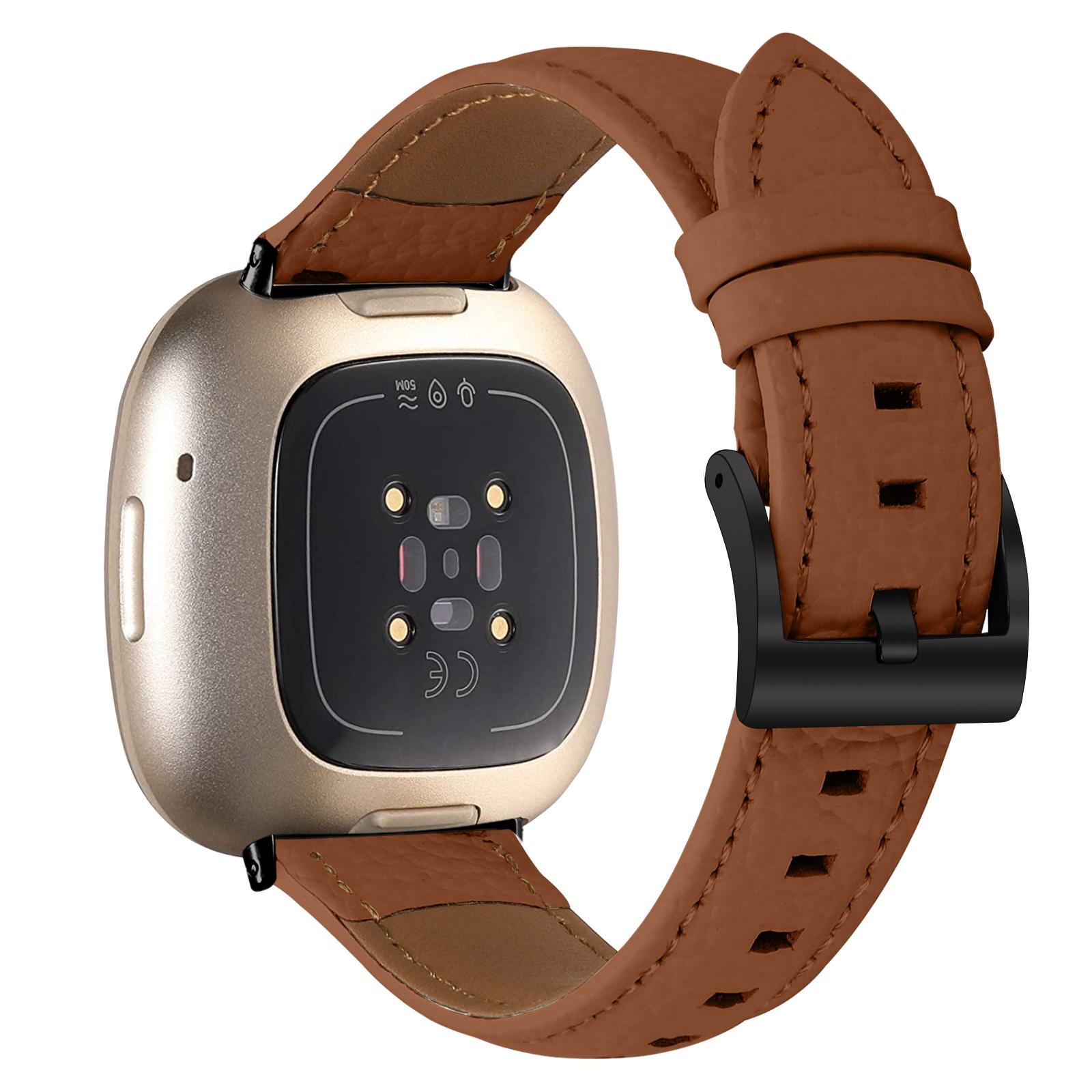 

Litchi Textured Genuine Cow Leather Strap with Electroplated Buckle for Fitbit Versa 4 / Sense 2 Pointed-End Watch Band