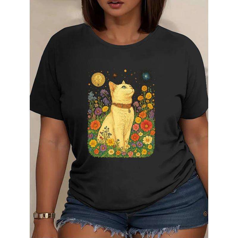 

Women s Round Neck Short Sleeve T-Shirt Floral Fantasy Cat Print Casual Multiple Colors Spring Summer Essential Top 4XL чорний