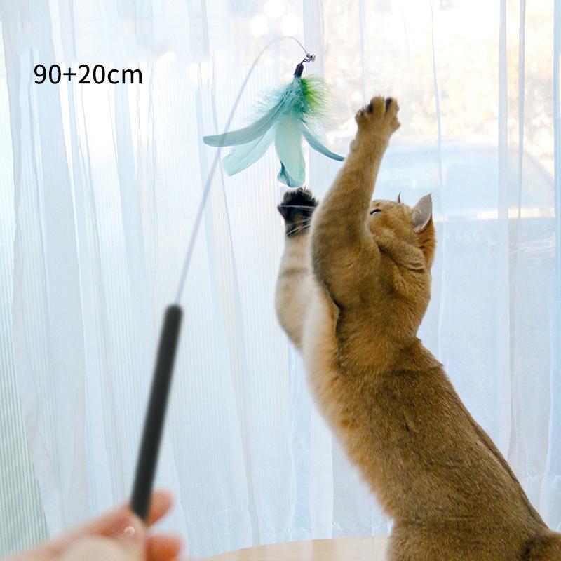 §Spring Teasing Cat Stick Long Pole Cat Teaser Stick Toy Feather Funny Simulation Fishing Rod Bell Squeaky Cat Toy