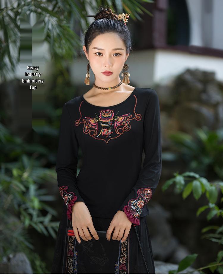 Women's Slimming Ethnic Embroidered Ruffle T-shirt
