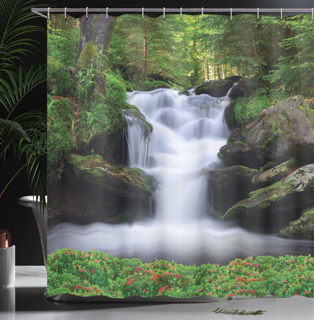 Natural Scenery Waterfall Shower Curtain Plant Lake River Landscape Bath Decor Bathroom Waterproof Polyester Cloth Curtain