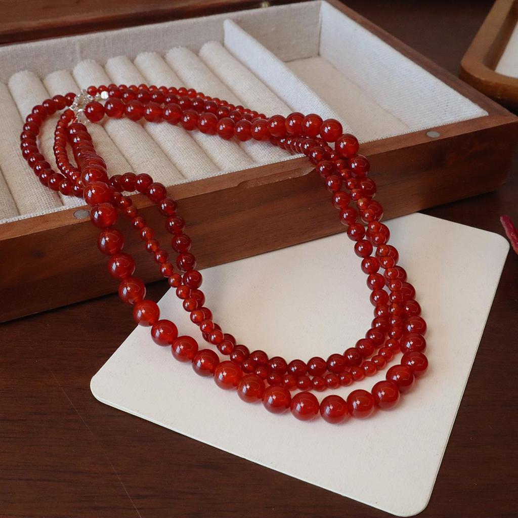 Colar de Contas de Ágata Vermelha Natural Gargantilha Choker Carnelian Redondo Vintage para Mulheres Joias Elegantes para Uso Diário