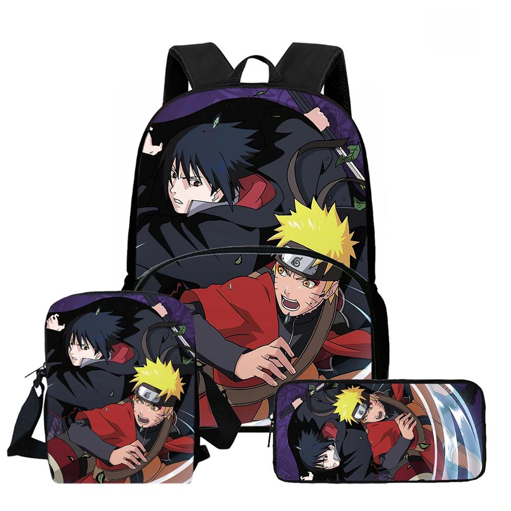 3Pcs Set School Backpack with Front Pocket, Crossbody Bag & Pencil Bag, Cartoon NARUTO, Lightweight for Boys & Girls Ages 6-10