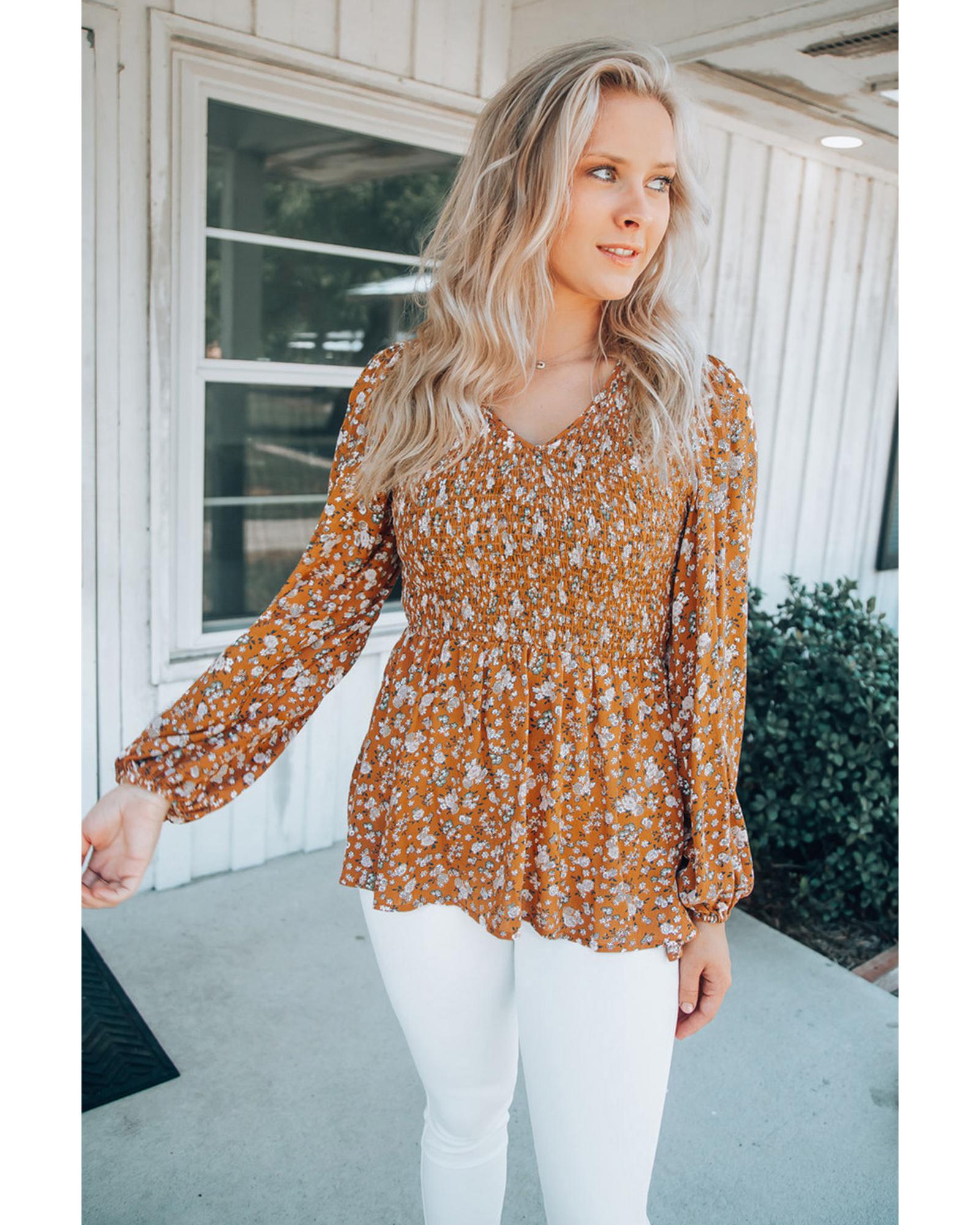 

Azura Exchange Floral Print Shirred V Neck Blouse XL оранжевый
