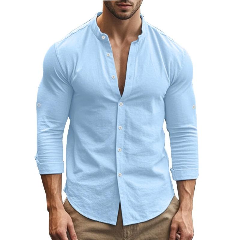 

Single-breasted Large Size Solid Color Casual Cotton Linen Shirt Business Men s Long-sleeved Shirt Stand Collar S синий