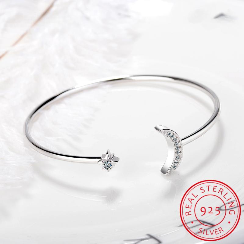 925 Sterling Silver Moon Star Adjustable Bracelet Moissanite Cuff Bangles For Women Fine Jewelry