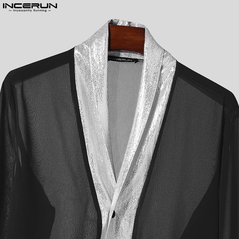 INCERUN მამაკაცის გრძელმკლავიანი ბრჭყვიალა პაჩვორკის გამჭვირვალე მაისურები, ბადის გამჭვირვალე ტოპები