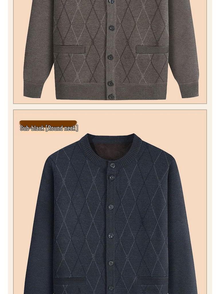 Men's Mid-Age & Elderly Knitted Cardigan: Warm, Thick Velvet Sweater Coat for Autumn/Winter