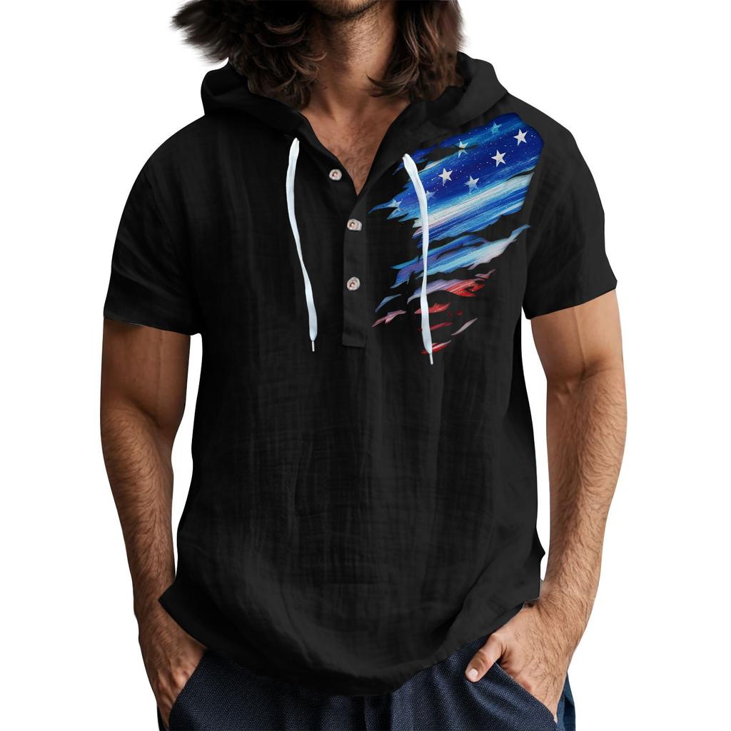 Men'S Casual Short Sleeved Hooded Top Buttoned Open Neck T-Shirt