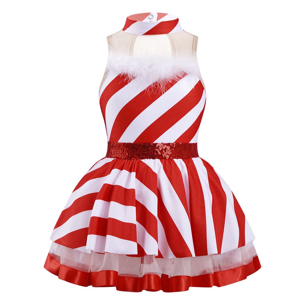 Girls Christmas Costume Sleeveless Mock Neck Keyhole Back Mesh Patchwork Stripes Print Dress