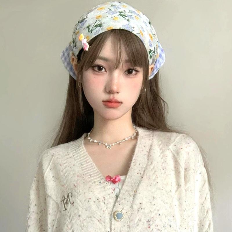 Foulard Rétro Français Pastoral Tête de Marguerite Bandana Bohème Foulard en Soie Florale Foulard Triangle Féminin Foulard de Tête Mouchoir en Coton Lin