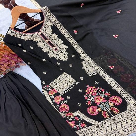 Black Silk Kashmiri Floral Embroidered Straight Kurta with Palazzo and Dupatta Set