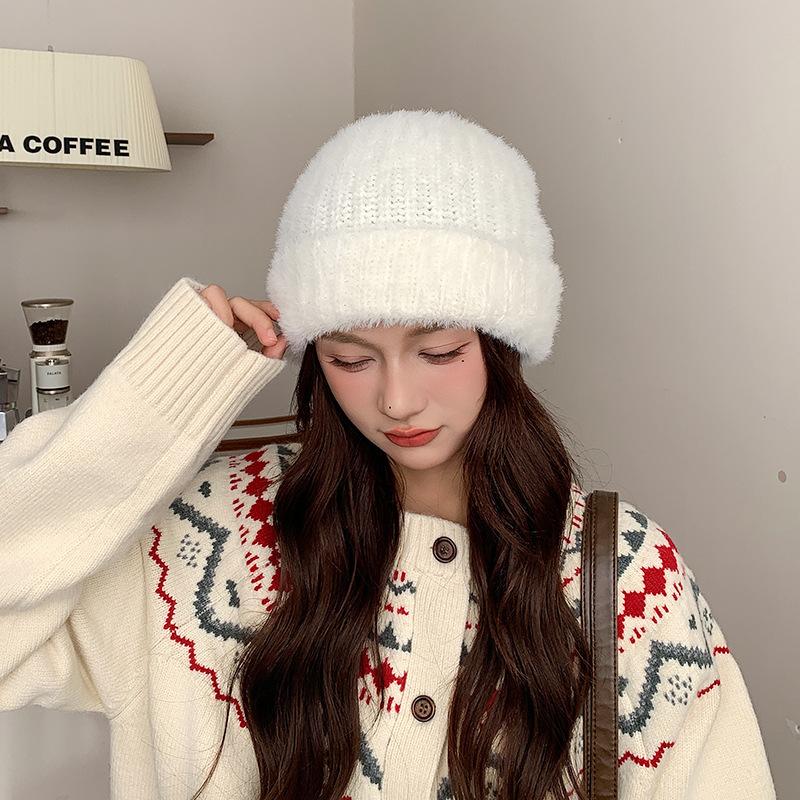 Knitted Hat Women's Autumn and Winter Face Revealing Small Warm Pullover Hat Plush Thickened Versatile Ear Protection Woolen Hat