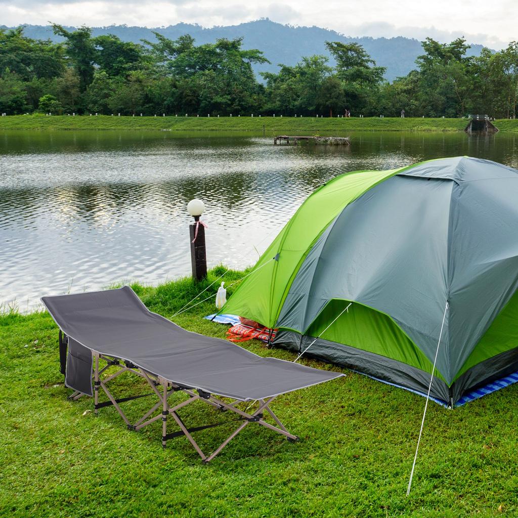 Single Steel Frame Portable Camping Cot, with Carry Bag - Grey