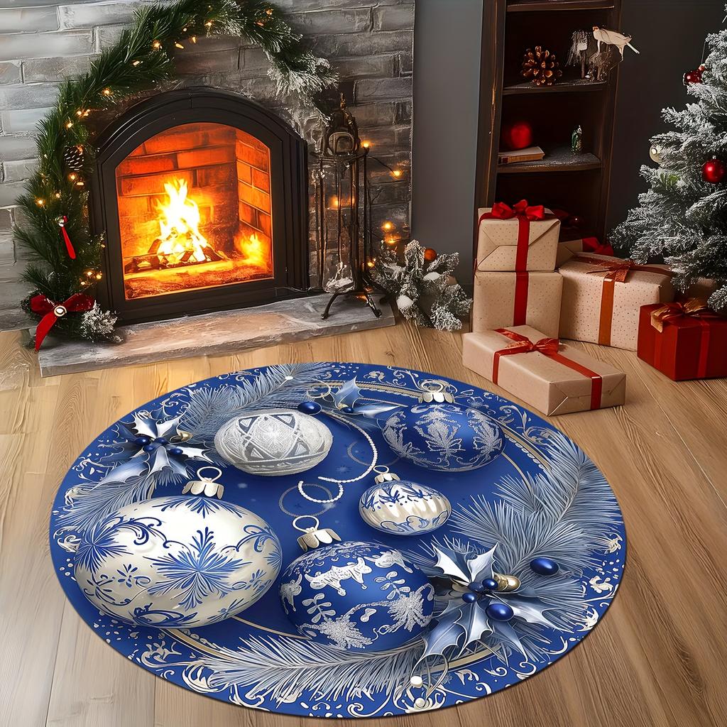 Christmas Blue Pine Berry Snowflake Pattern Round Shape Floor Mats Kitchen Hallway Runner Rug Bedroom Living Room Soft Carpet Non-slip Area Rug