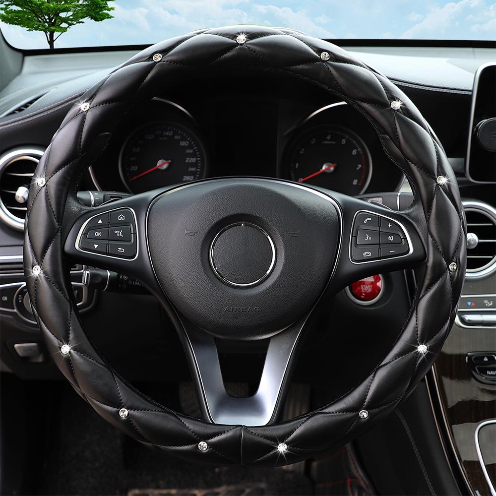 Soft Leather Embroidered Stereo Diamond-studded Car Steering Wheel Cover with Inner Ring Fits 14.5-15 Inches