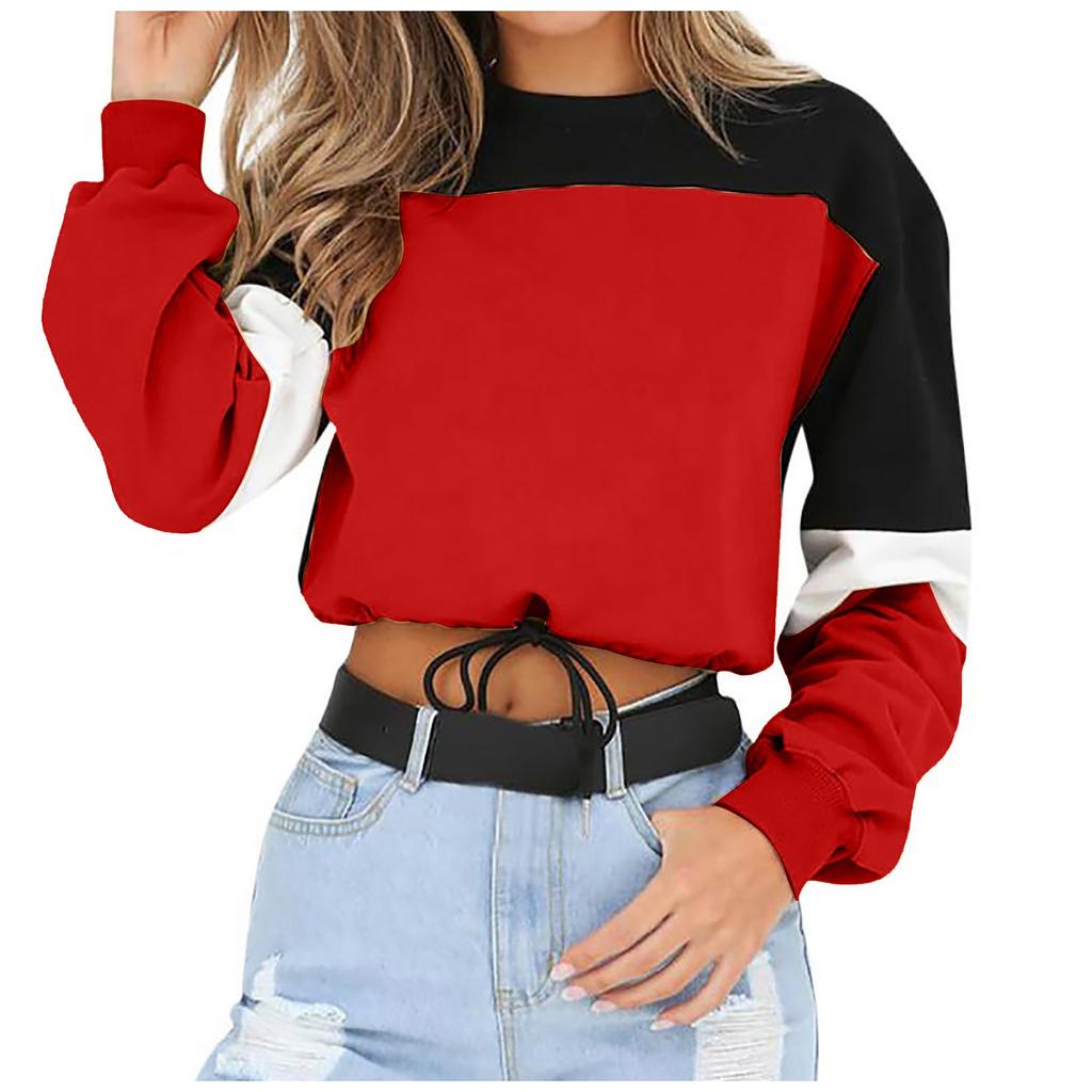 Women's Fashion  O- Neck Contrast Long Sleeve Top  Corded Cool Sweater