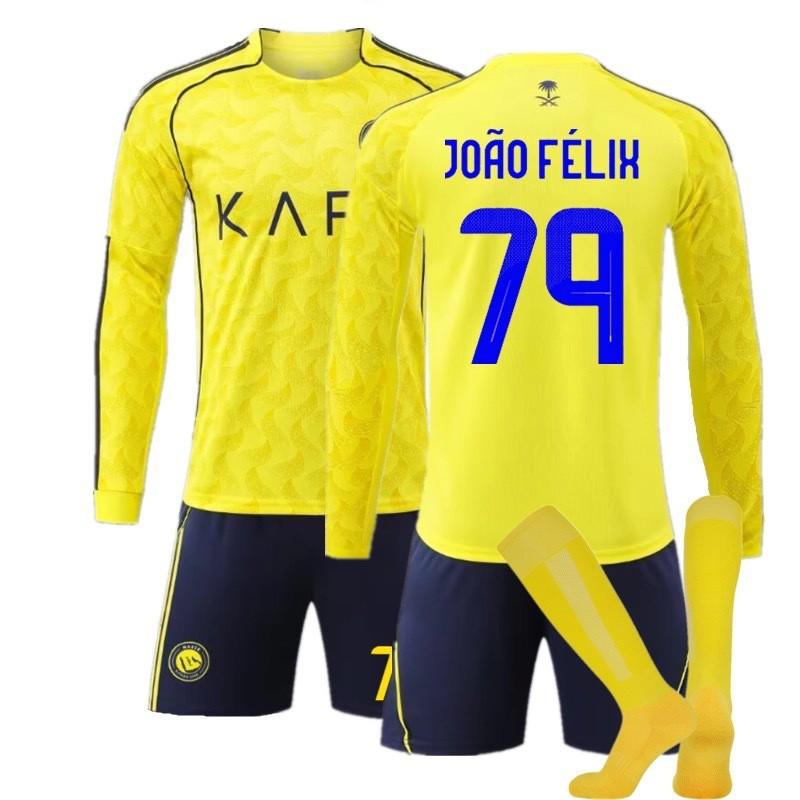 2026 Riyadh Home Soccer Jersey Long Sleeve Kit Mens Football Uniform Size S-3XL Yellow Striped Ronaldo 7
