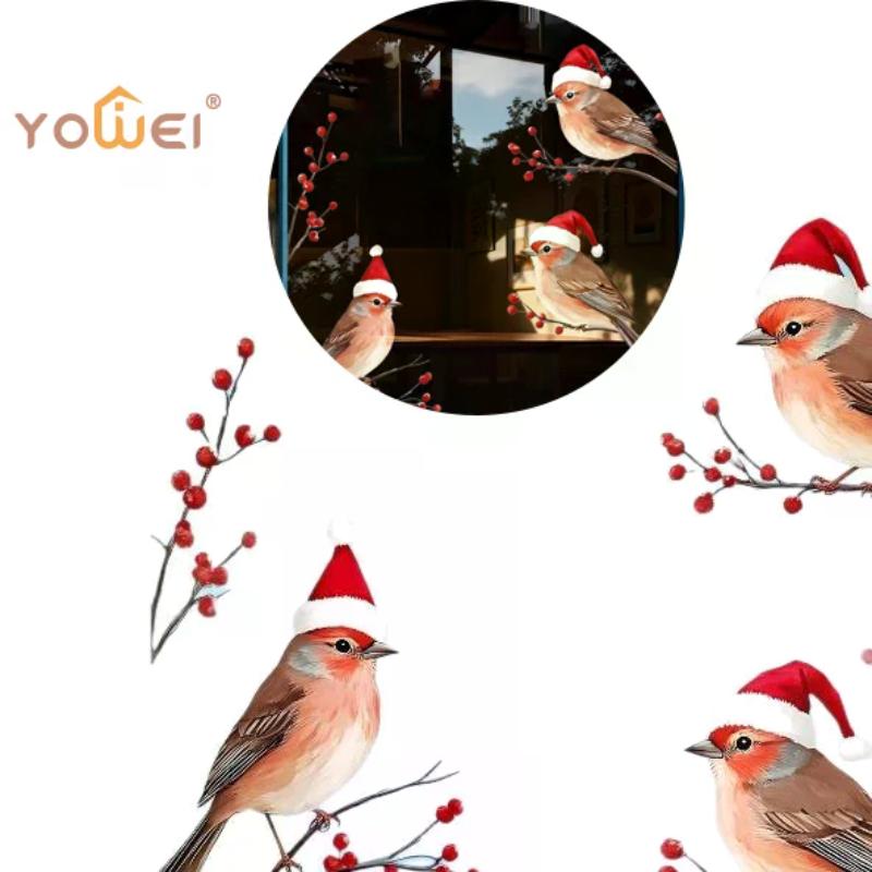Three Birds In Santa Hats Window Stickers Christmas Theme Red Berry Branches Decoration Wall Stickers Glass Decal Poster