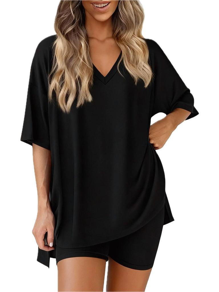Women's Summer Fashion V-Neck Pajama Set - Casual, Loose, Solid Color