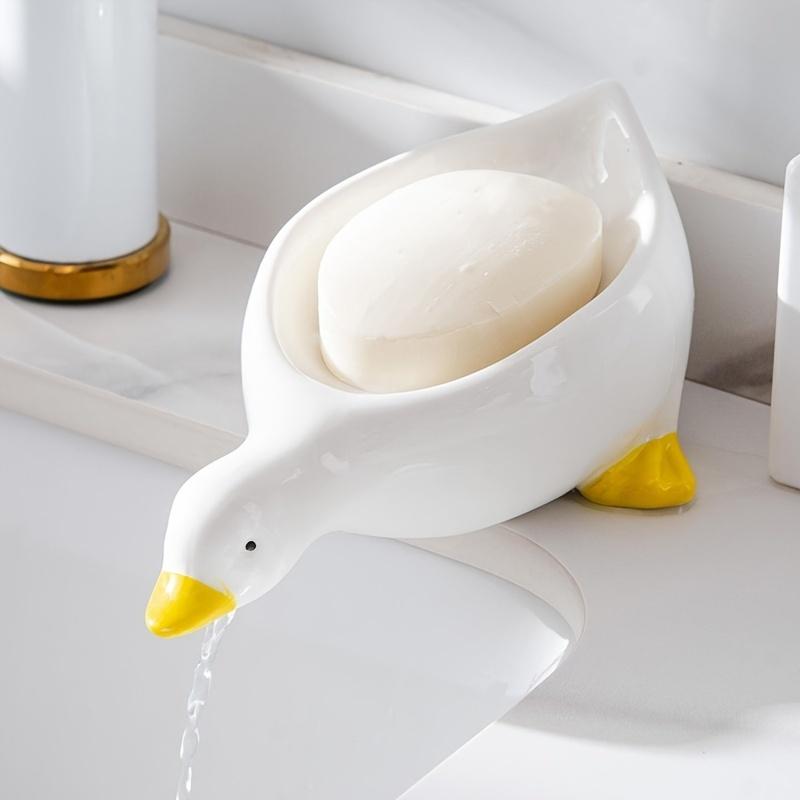 1Pc Cute Duck-Shaped Soap Dish with Waterfall Design - Self-Draining, Easy-Clean Plastic Soap Holder for Bathroom, Yellow Beak & Feet