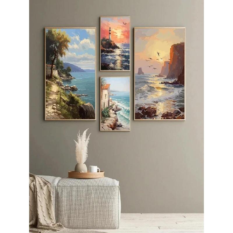 Ocean Beach House Coastal Tranquil Seaside Landscape Canvas Painting  Wall Art Pictures for Home Room Decor  Poster Prints