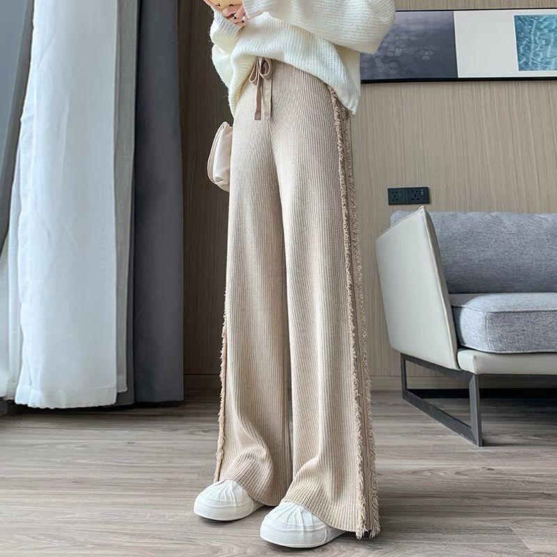 Tassel Knitted Wide Leg Pants for Women in Autumn and Winter Brushed Straight Leg Pants Loose and Slimming Floor Length Pants