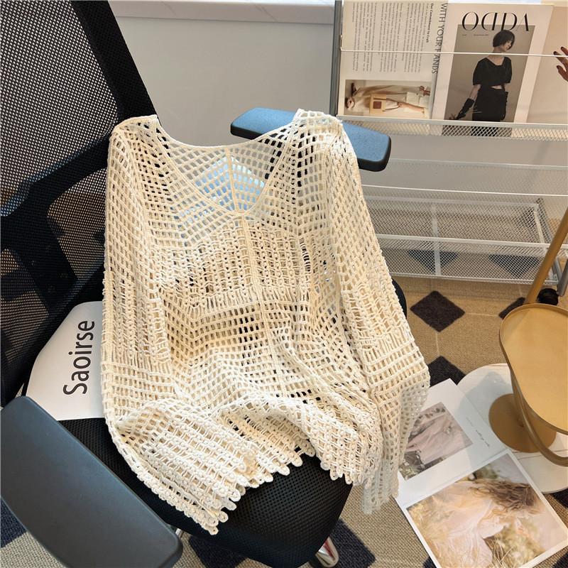 Korean Style Hollow Out Knit Top For Women New Loose Fit Long Sleeve Pullover Casual Versatile Sheer Mesh Blouse With Unique Design Sense