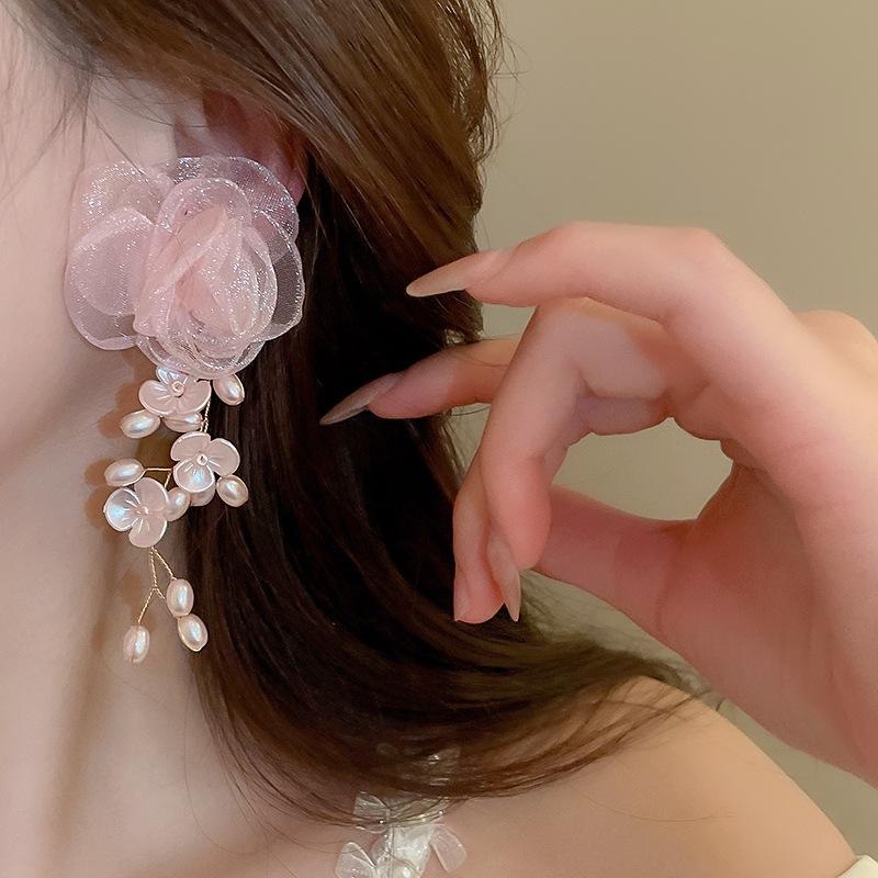 Pink Yarn Mesh Flowers Tassel Dangle Earrings for Women Sweet Girly Imitation Pearl Pendientes Fairy Lolita Party Ear Decoration