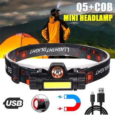 Farol LED Q5+COB poderoso, bateria 18650 embutida, lanterna magnética, farol para acampamento ao ar livre, pesca, holofote de escurecimento contínuo