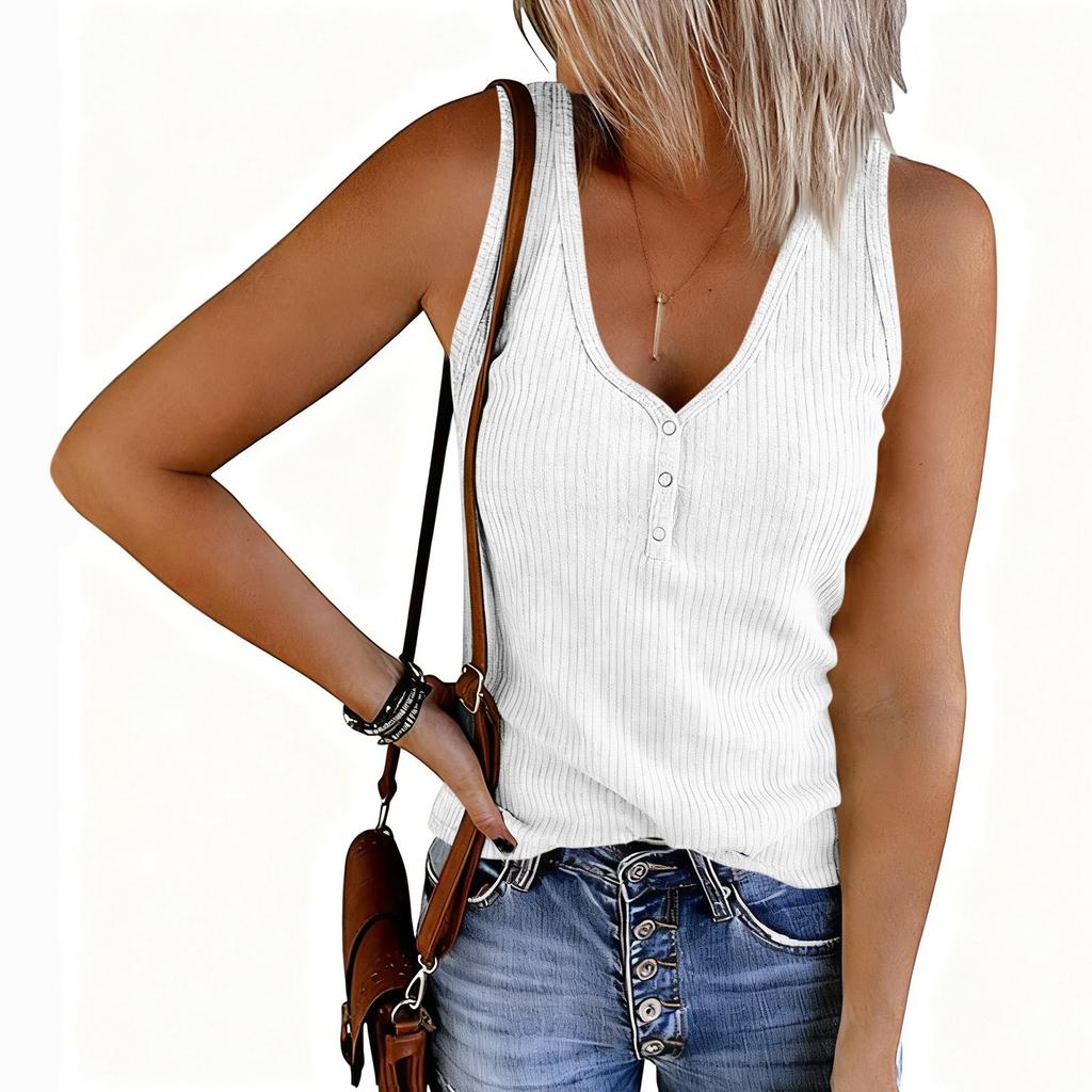 Women's Fashion Color V-neck Sleeveless Button Knitted Tank Top