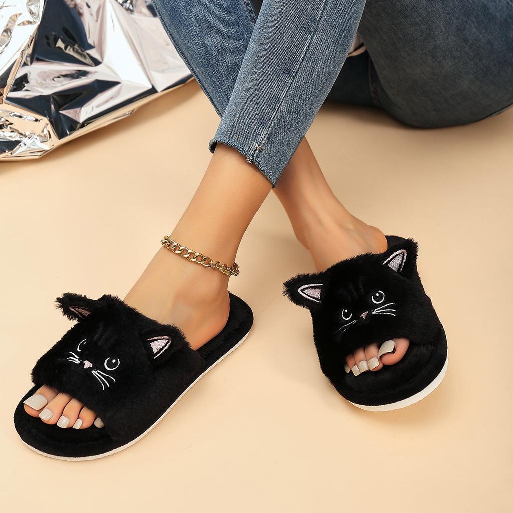 Casual Fluffy Slippers Women Home Flat Cat Cartoon Luxury Designer Shoes Girls Autumn Elegant Indoor Fashion Footwear Large Size