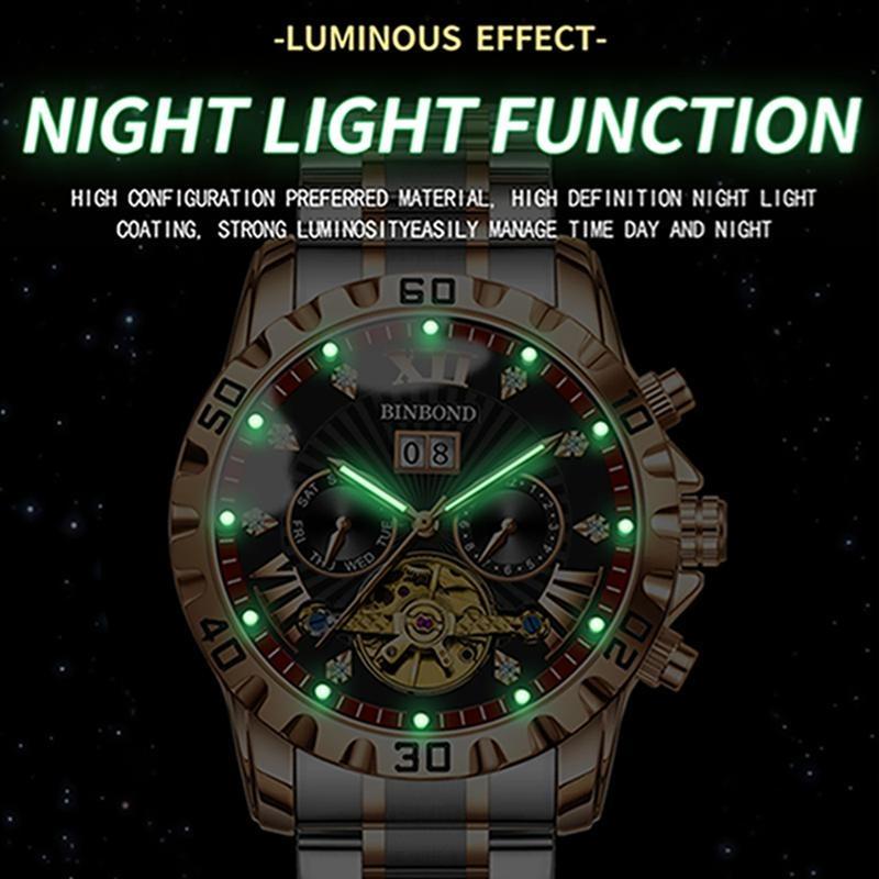 BINBOND Fashion Tourbillon Automatic Watch Men Luxury Skeleton Mechanical Wristwatch Stainless Steel Wristwatches
