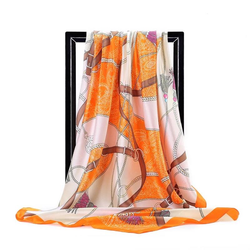 Scarves 90*90Cm Women Print Twil Hair Neck Square Silk Scarf Office Lady Shawl Bandana 90X90Cm Muslim Hijab Handkerchief Korean