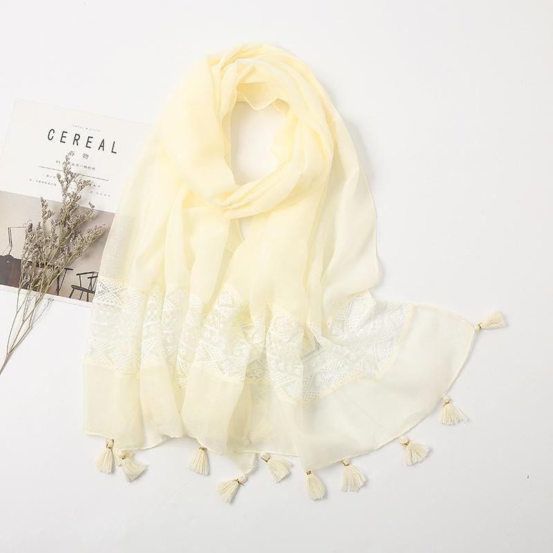 Elegant Lace Cotton Scarf With Tassel Shawl For Women Fashion Geometry Design Muslim Hijab Big Size Scarves 210*70Cm