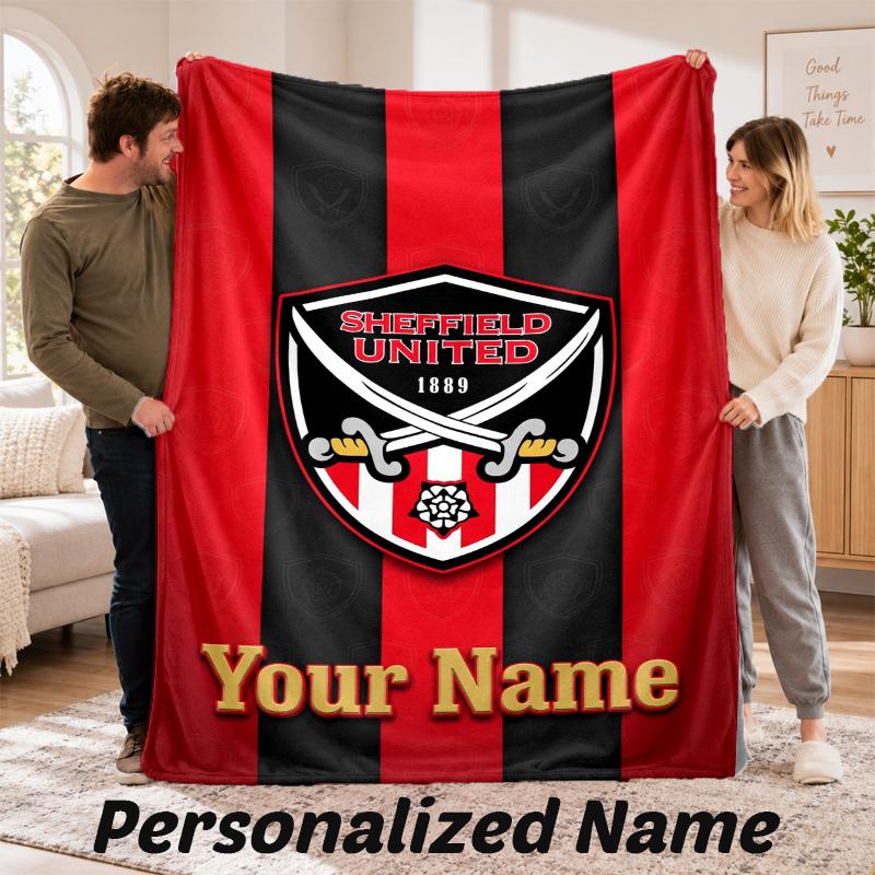 Sheffield United FC Personalized Flannel Blanket Custom Name Text Soft Throw Blanket Home Decor