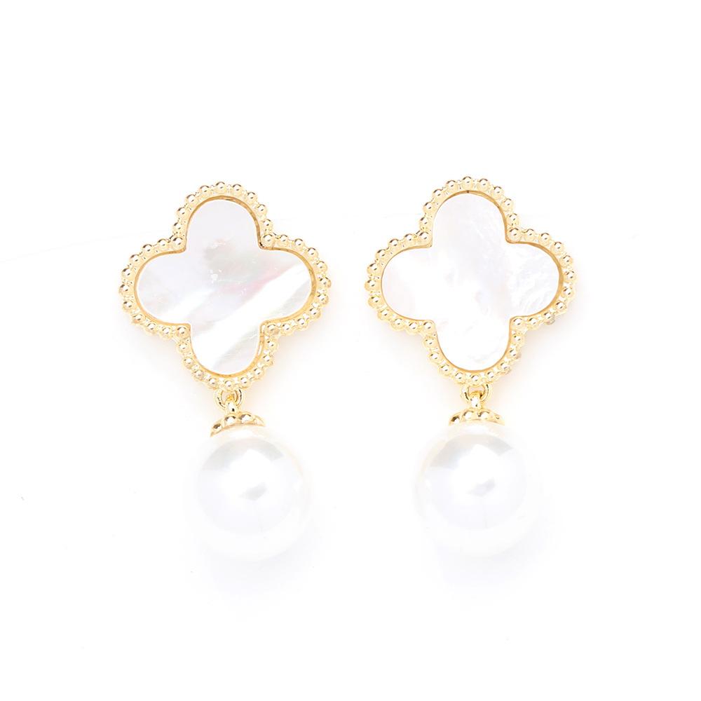 Classic Gold-plated Natural Fritillary Four-leaf Clover Stud Earrings Temperament 925 Silver Needle Pearl Earrings Without Ear Piercings Women's Model