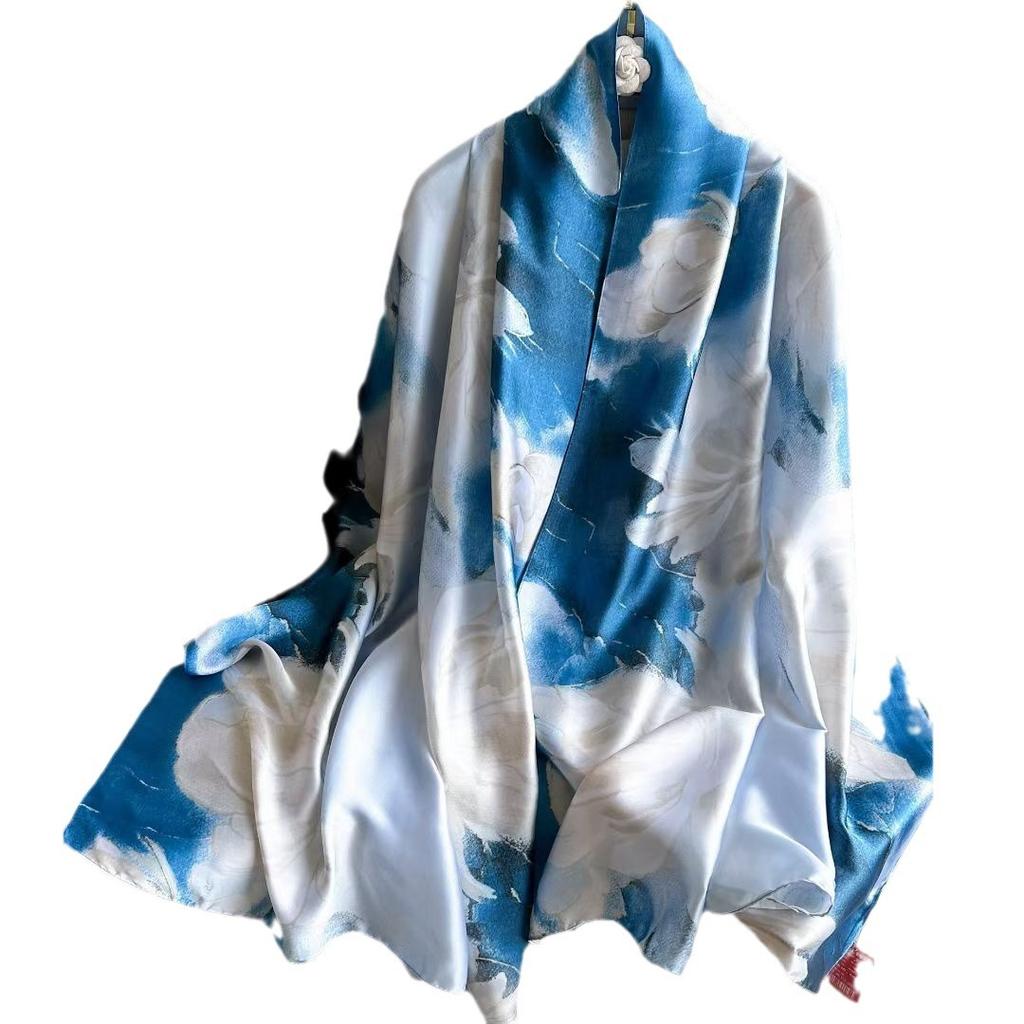 Hangzhou Li Brokat Maulbeerseide Schal Seidenschal für Damen im Frühling und Herbst Edel und vielseitig Lang Ölgemälde Damen Seidenschal