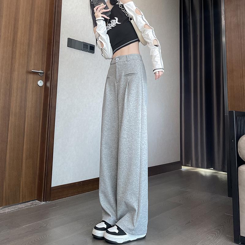 High Waist Petite Gray Wide-Leg Pants - Autumn/Winter 2025 Casual Slimming Trousers for Women