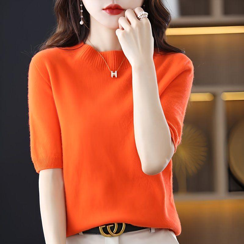 Spring/Summer Short Sleeve Sweater Women s Half Turtleneck Short Loose Half Sleeve T-Shirt Versatile Knitted Bottoming Shirt L оранжевый