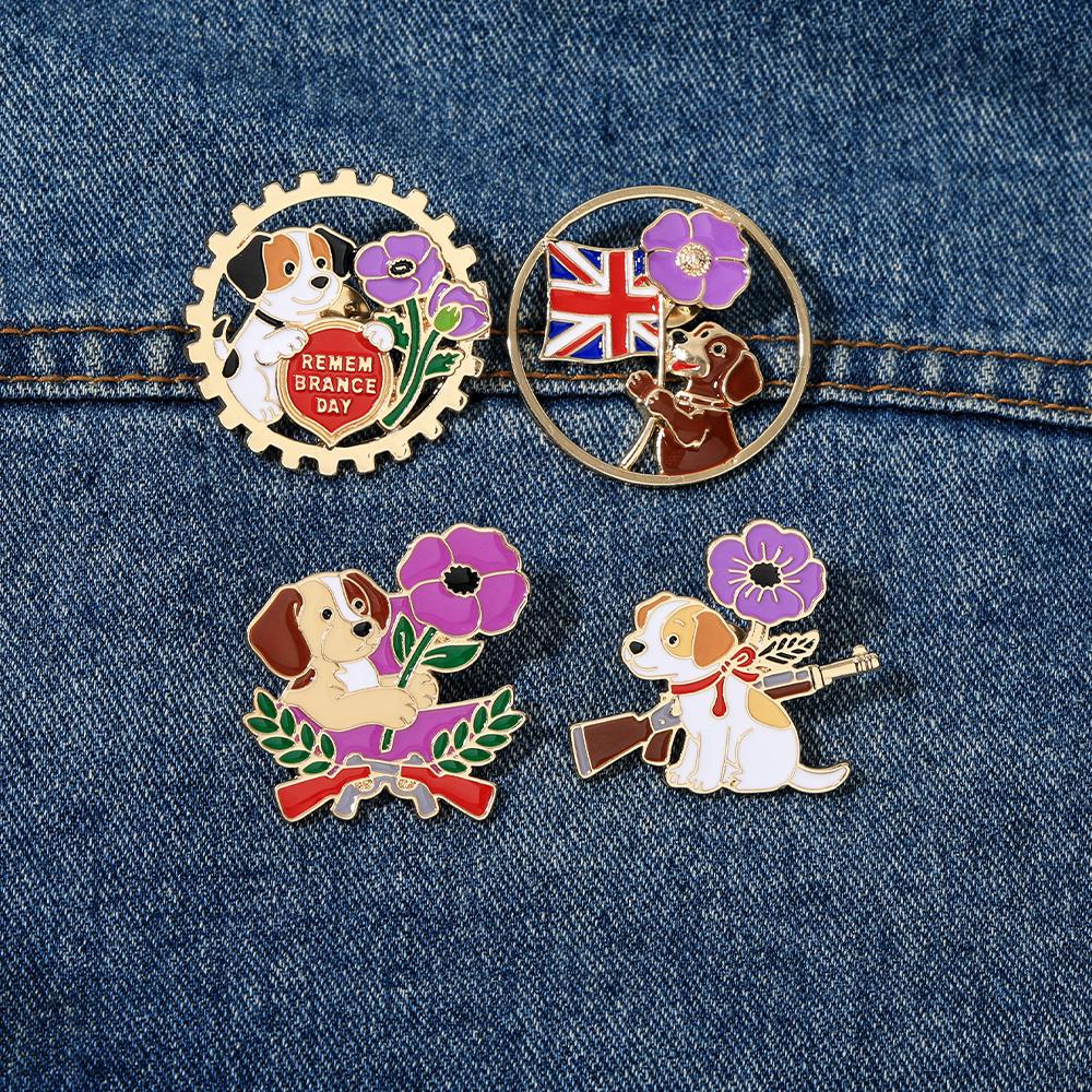 4 Styles Funny Dog And Poppy Design Lest We Forget Enamel Brooches Remembrance Day Animal Golden Pins Veterans Badge