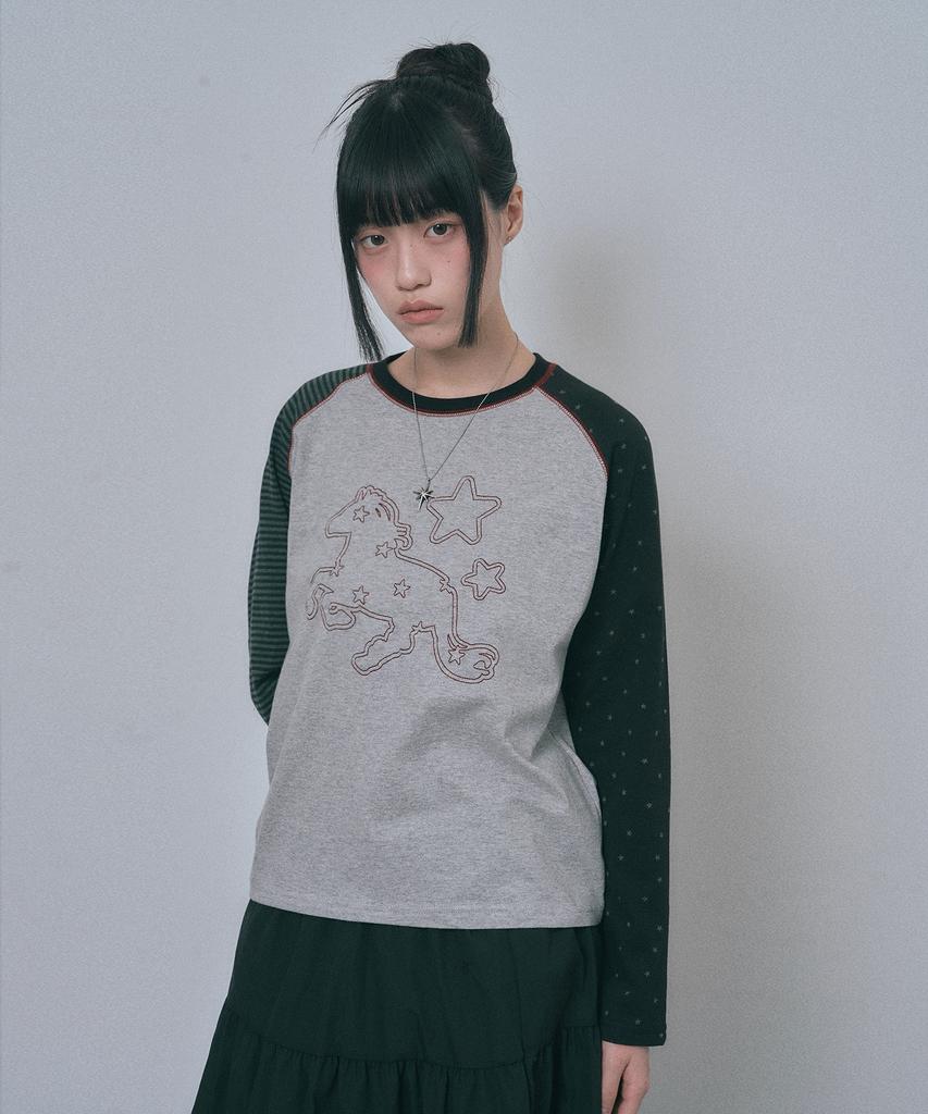 Moo Horse Multi Pattern Raglan Long Sleeve - Grey